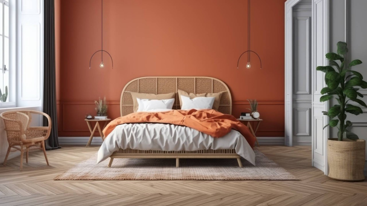 Chic bedroom with orange walls and boho-inspired furniture at at The Shade Shop near Kennebunk, ME