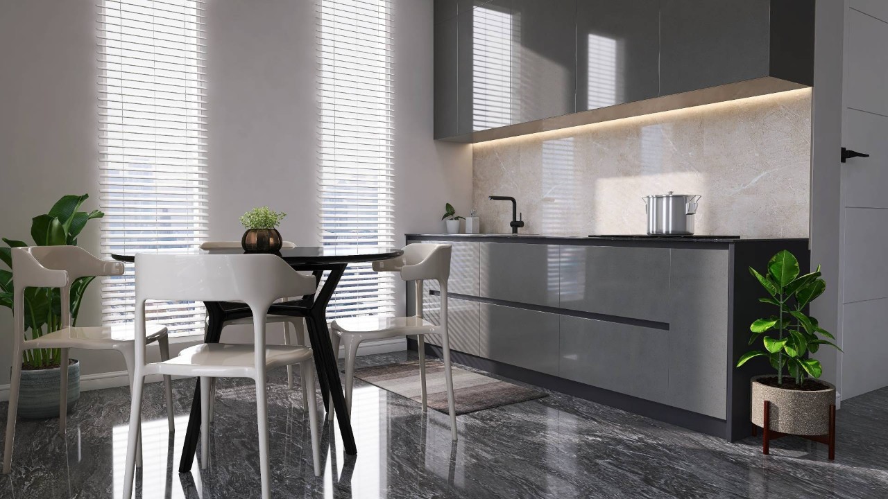A modern kitchen space with tall windows and blinds at The Shade Shop near Kennebunk, ME