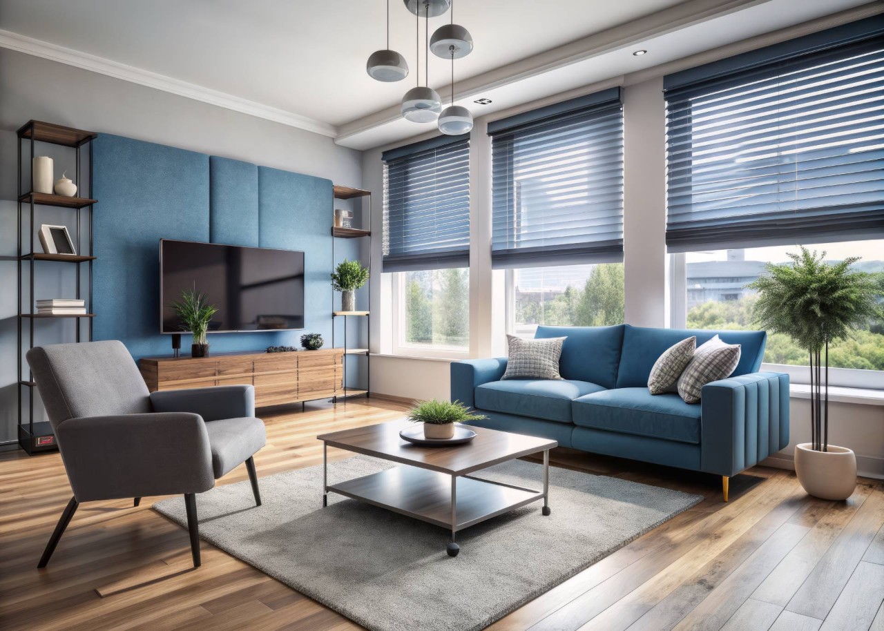 A living room with blue furniture and banded shades on the windows at The Shade Shop near Kennebunk, ME